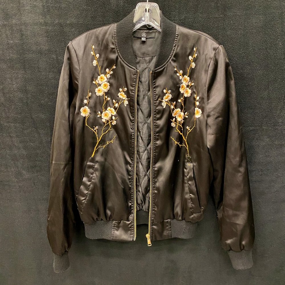 Missguided Cherry Blossom Silk Satin Bomber Jacket - Black - Size 6